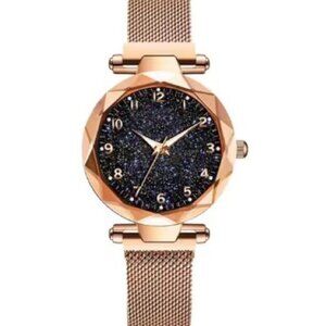 Starry Sky Watch - Beige, Black Sparkle Face, Large Number Time Marker